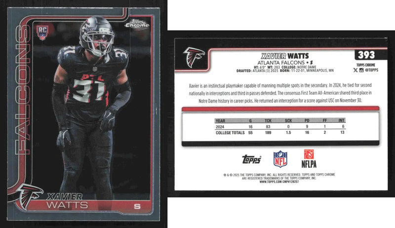 2025 Topps Chrome XAVIER WATTS #393 RC Atlanta Falcons RC - Football Card Single