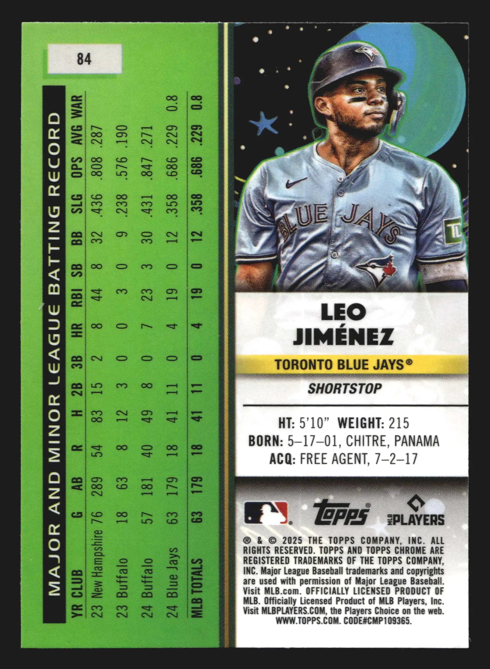 2025 Topps Cosmic Chrome #84 Leo Jimenez Toronto Blue Jays RC - Baseball Card Single