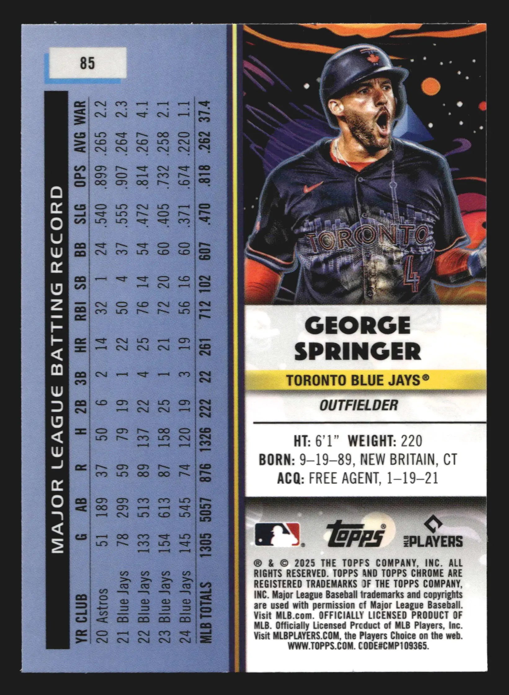 2025 Topps Cosmic Chrome #85 George Springer Toronto Blue Jays