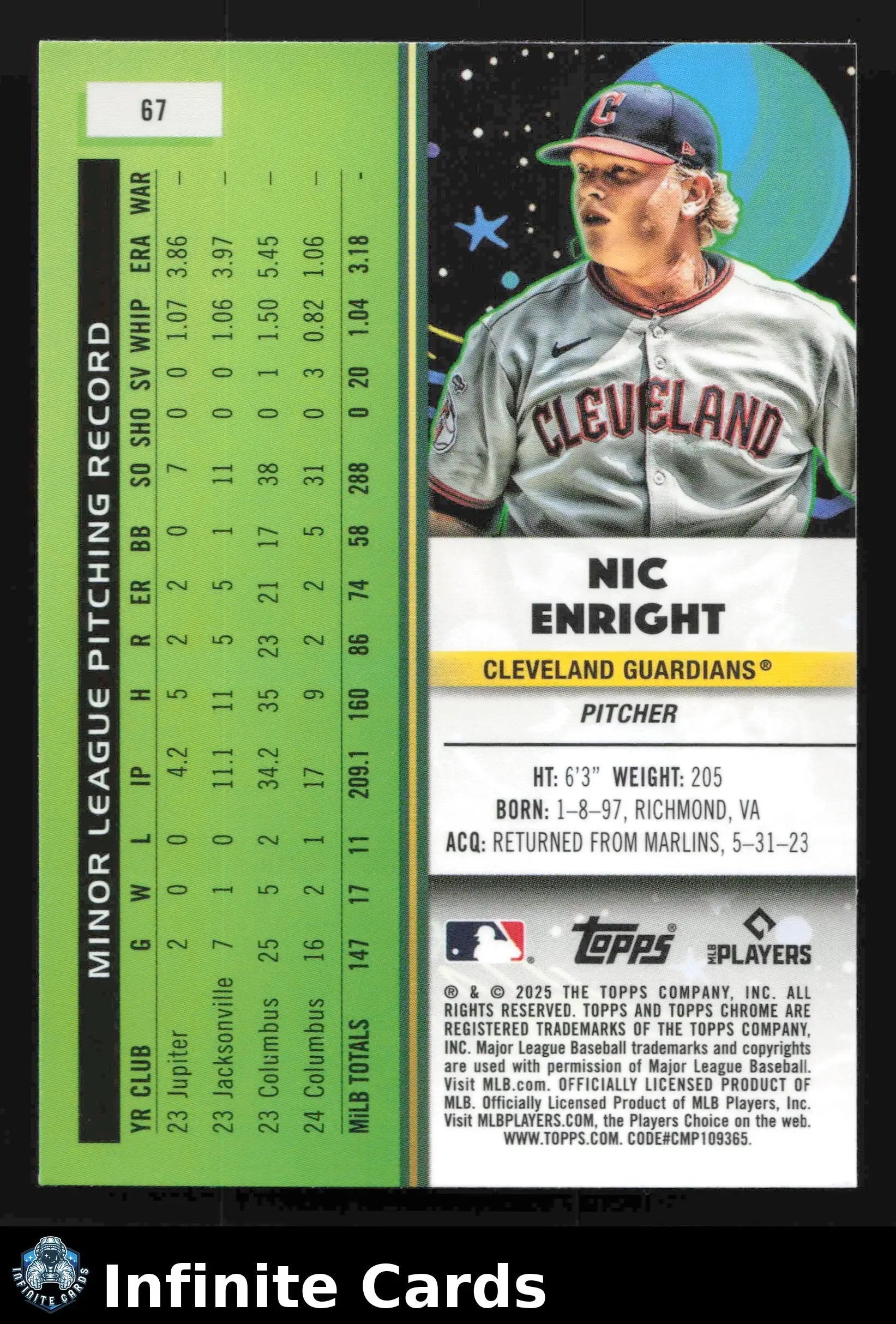 2025 Topps Cosmic Chrome NIC ENRIGHT #67 Cleveland Guardians RC - Baseball Card Single