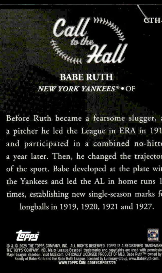 2025 Topps #CTH-14 Babe Ruth Call to the Hall - Baseball Card Single