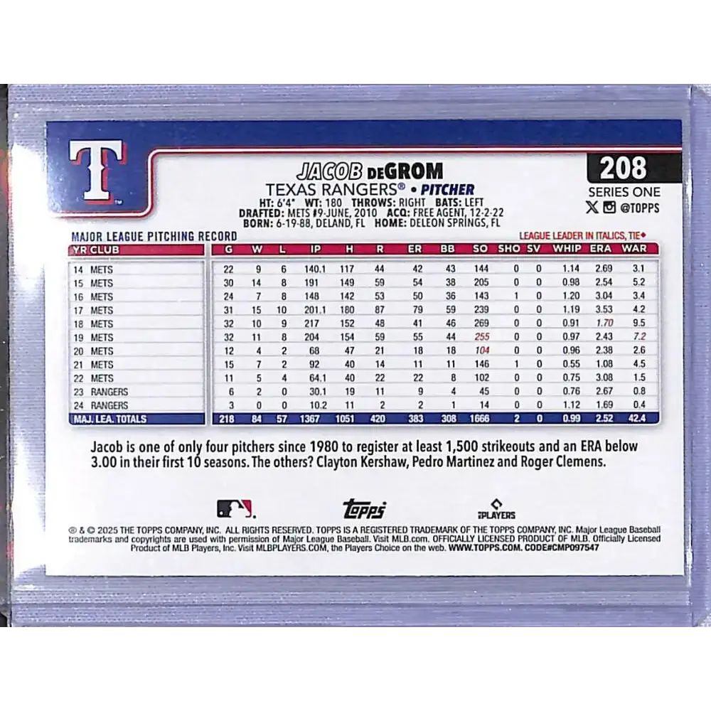 2025 Topps Diamante #208 Jacob DeGrom NM-MT Texas Rangers - Baseball Card Single