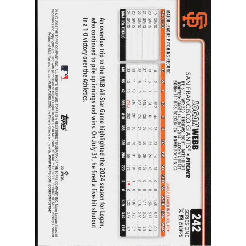 2025 Topps Diamante Foil #242 Logan Webb NM-MT San Francisco Giants Baseball Card - Baseball Card Single