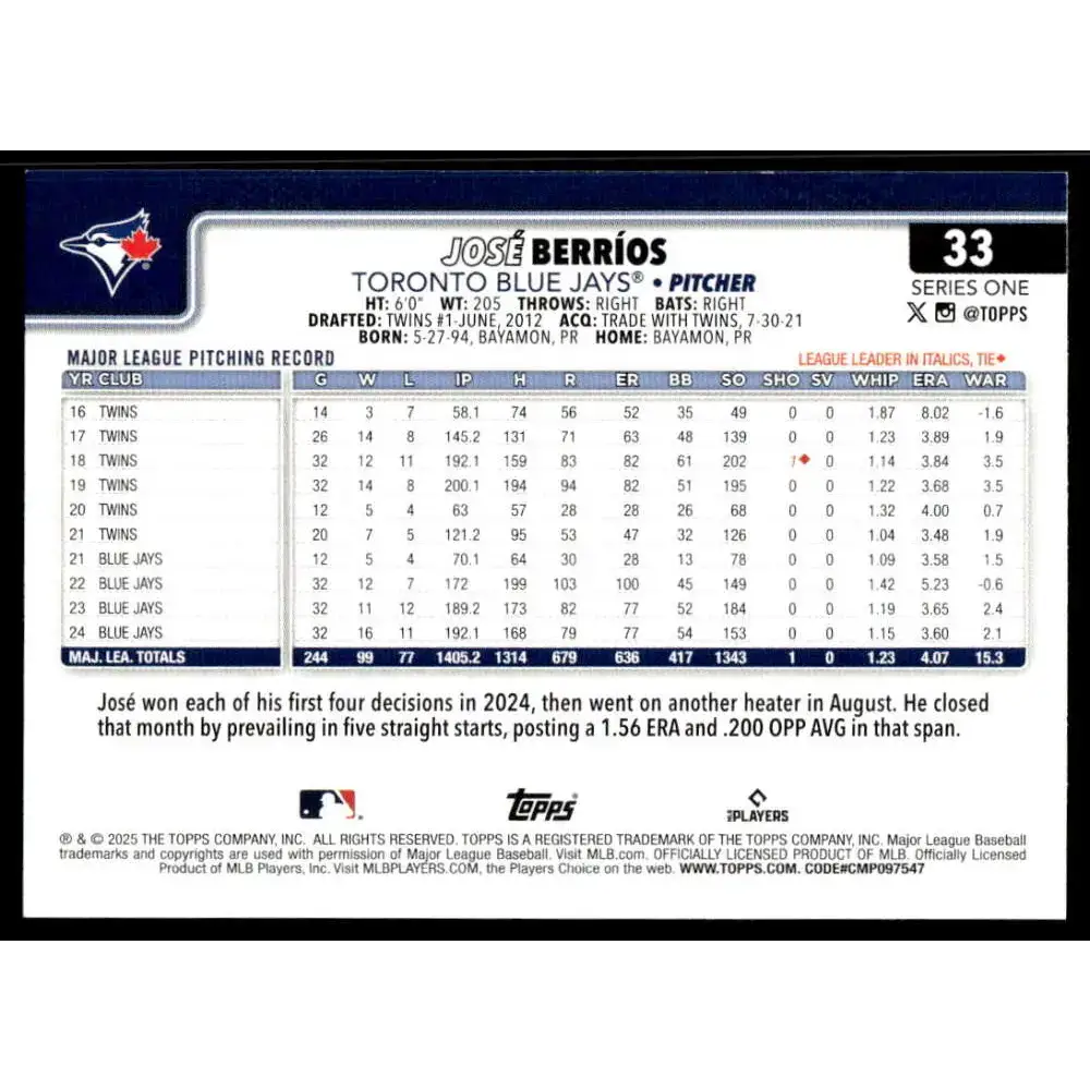2025 Topps Diamante Foil #33 Jose Berrios NM-MT Toronto Blue Jays Baseball Card - Baseball Card Single