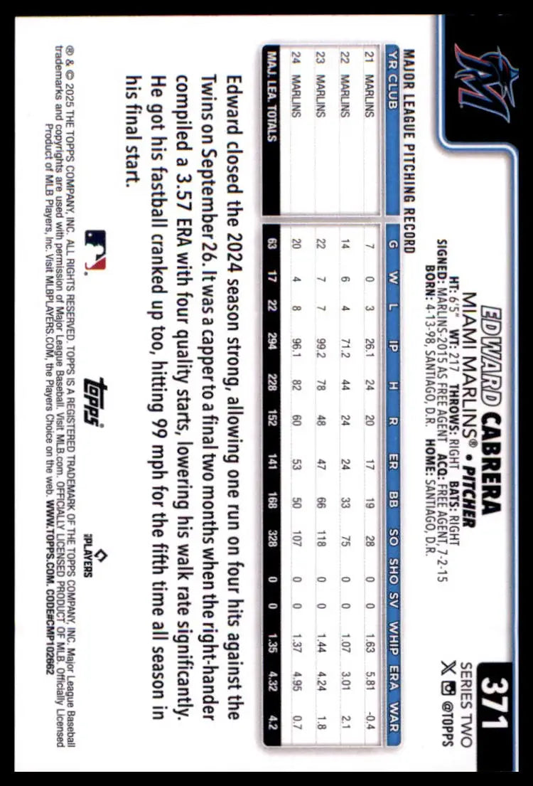 2025 Topps Edward Cabrera 371 Miami Marlins NM - Baseball Card Single