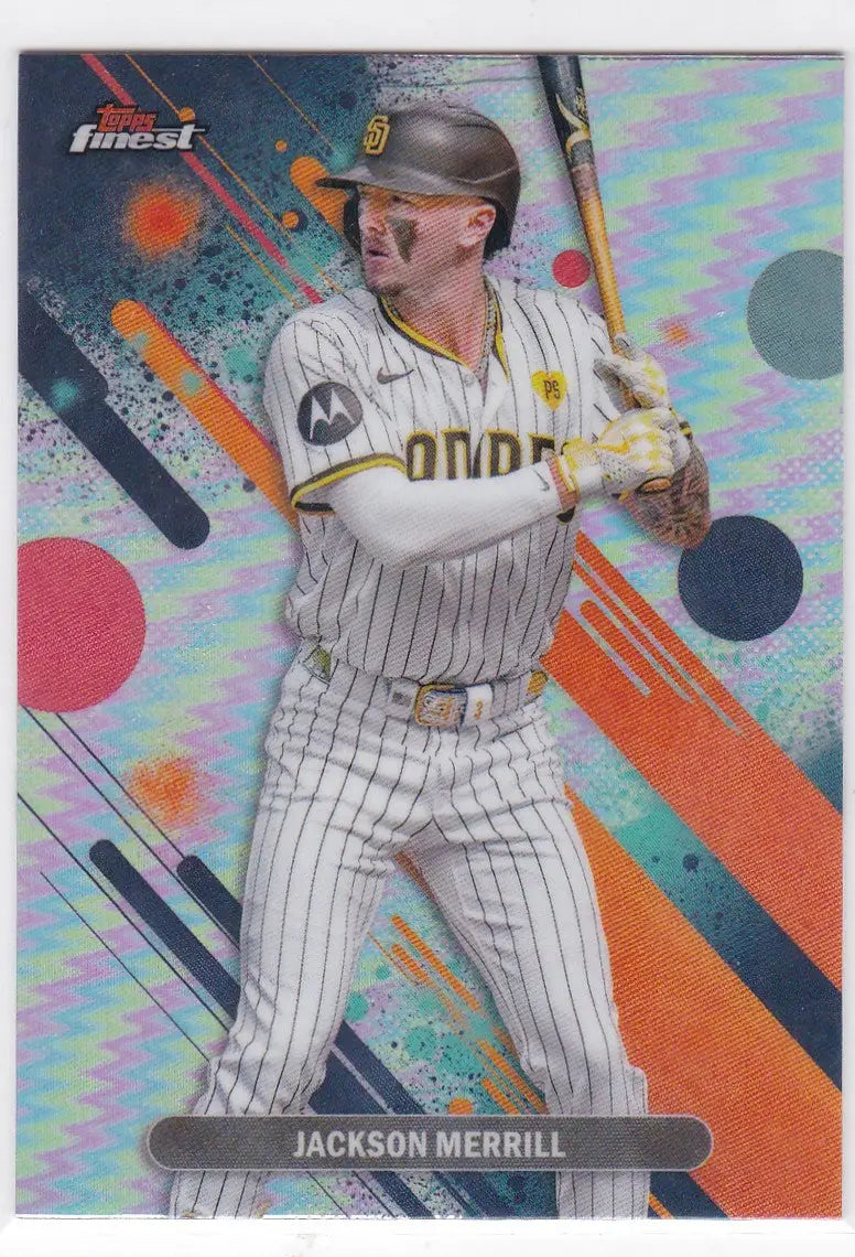 Baseball trading card featuring Jackson Merrill Refractor San Diego Padres player in pinstriped uniform