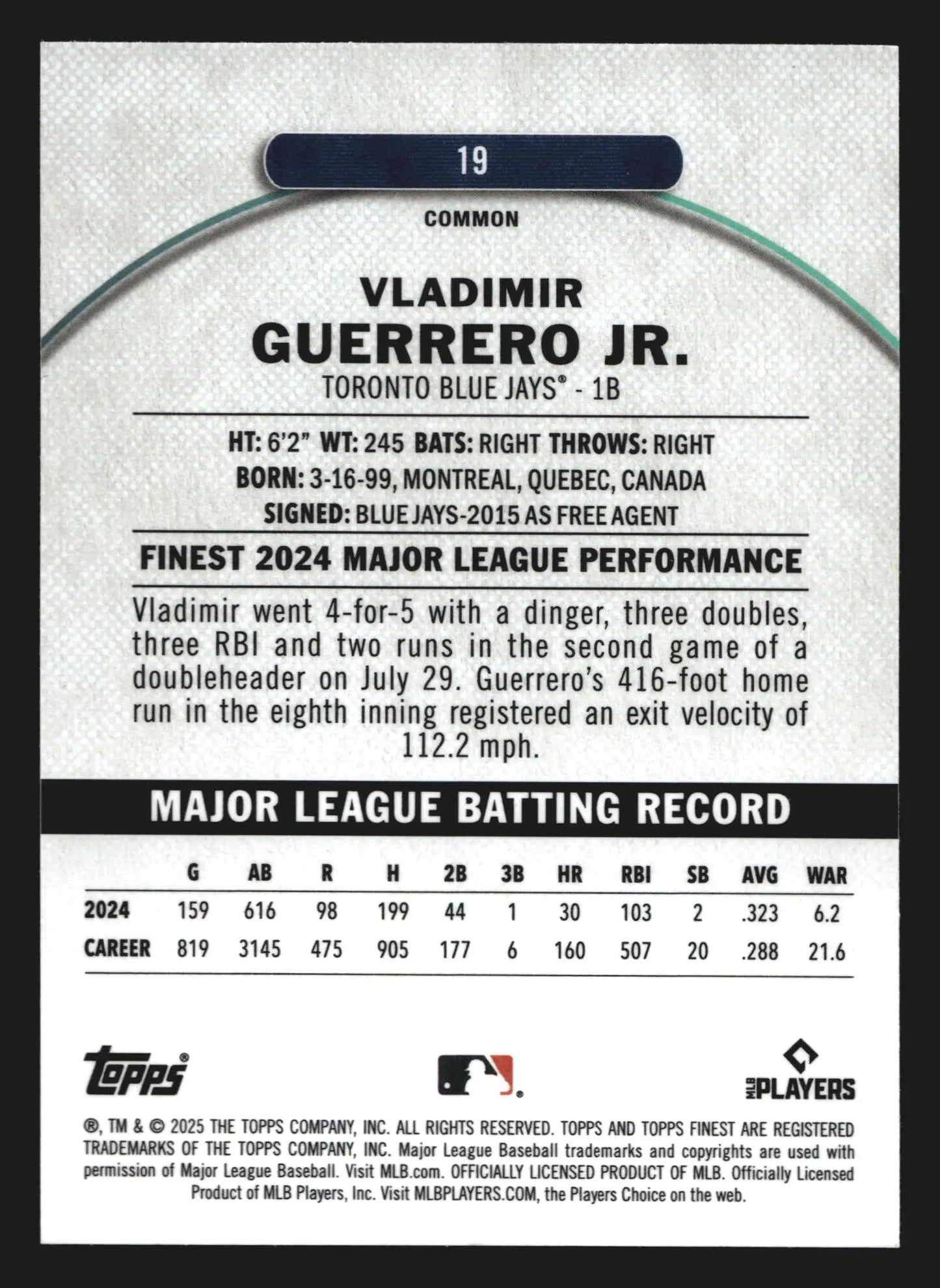 2025 Topps Finest #19 Vladimir Guerrero Jr Toronto Blue Jays