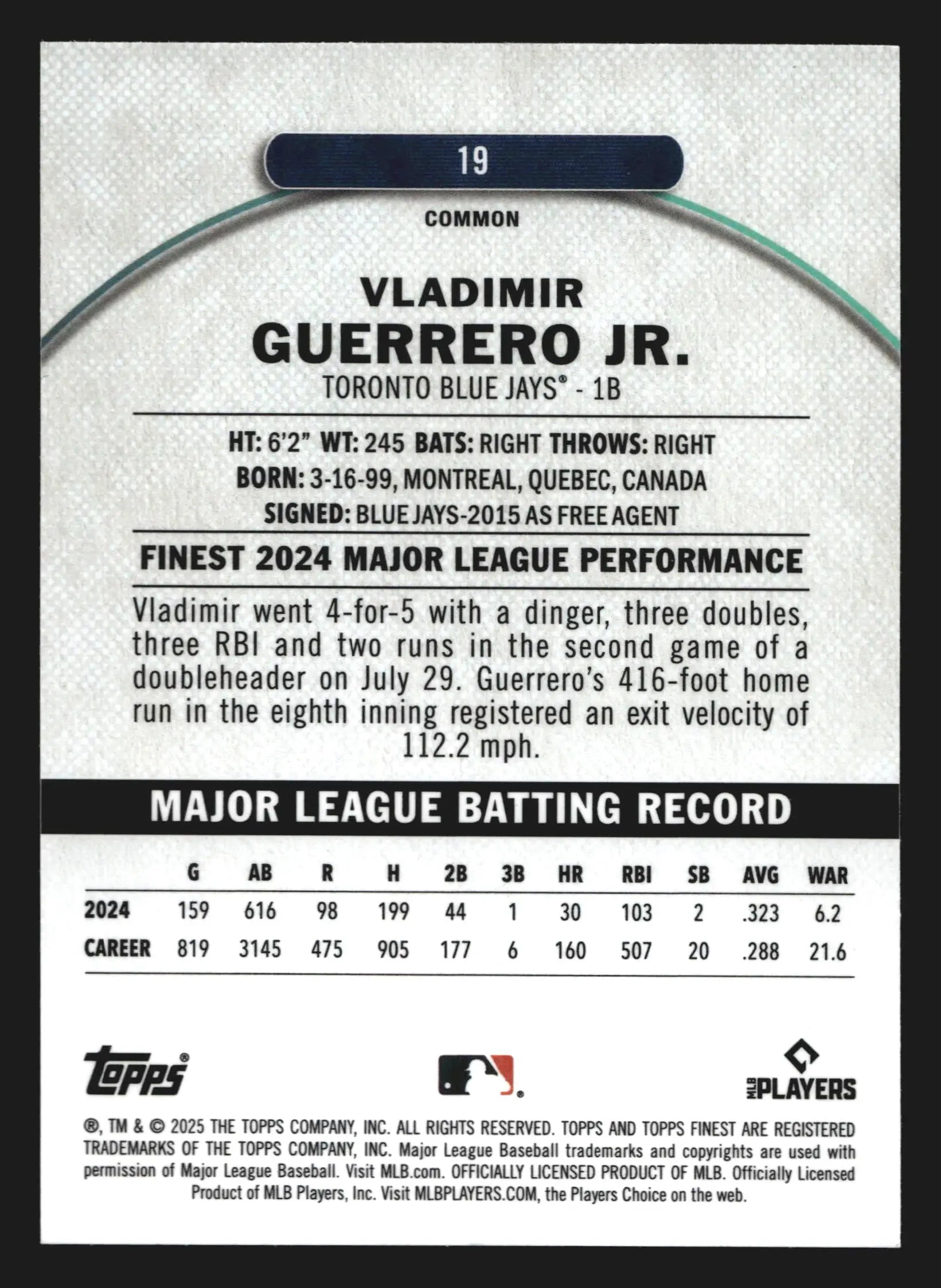 2025 Topps Finest #19 Vladimir Guerrero Jr Toronto Blue Jays