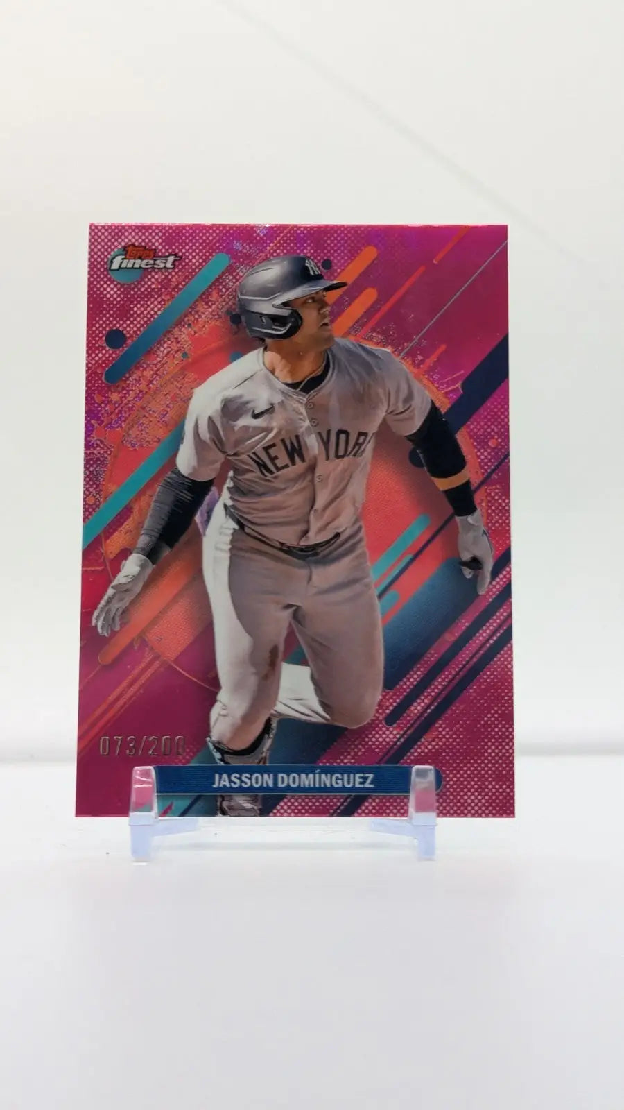 Baseball trading card of Jasson Dominguez in Yankees uniform from 2025 Topps Finest series