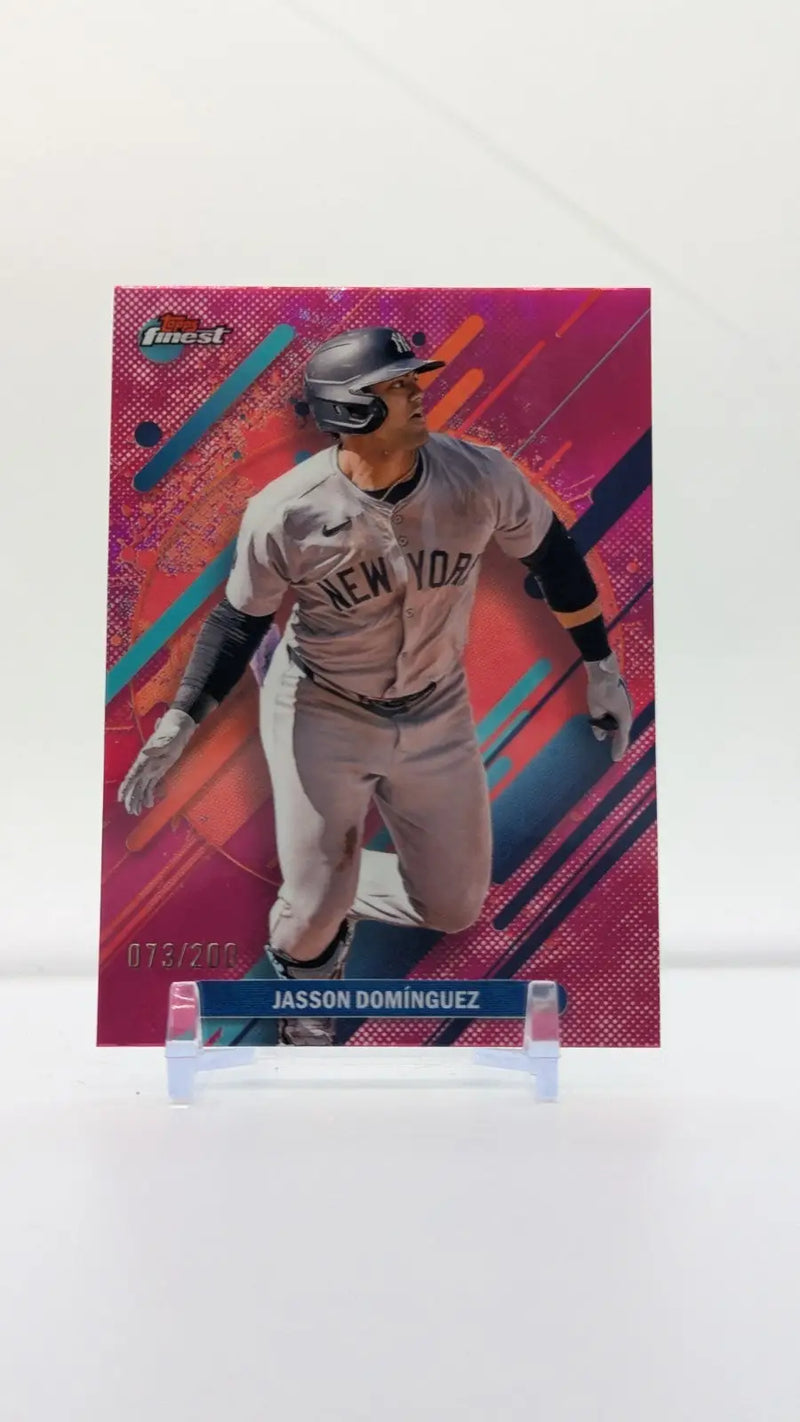 Baseball trading card of Jasson Dominguez in Yankees uniform from 2025 Topps Finest series