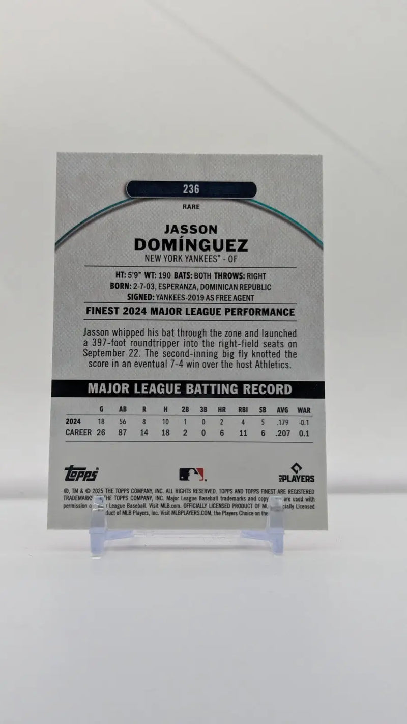 Baseball trading card of Jasson Dominguez from 2025 Topps Finest Jasson with rare magenta refractor