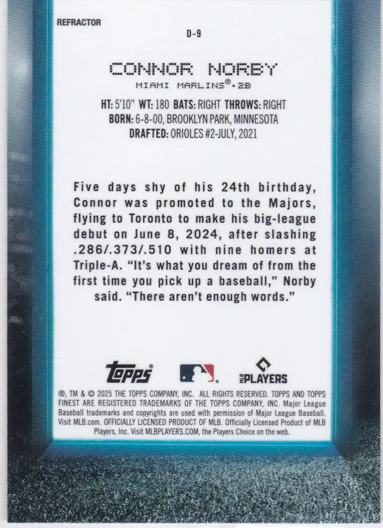Back of a Topps Finest Refractor Connor Norby debut RC Miami Marlins trading card