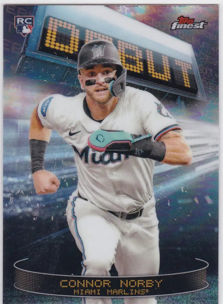 Baseball trading card of Connor Norby debut RC Miami from 2025 Topps Finest Refractor