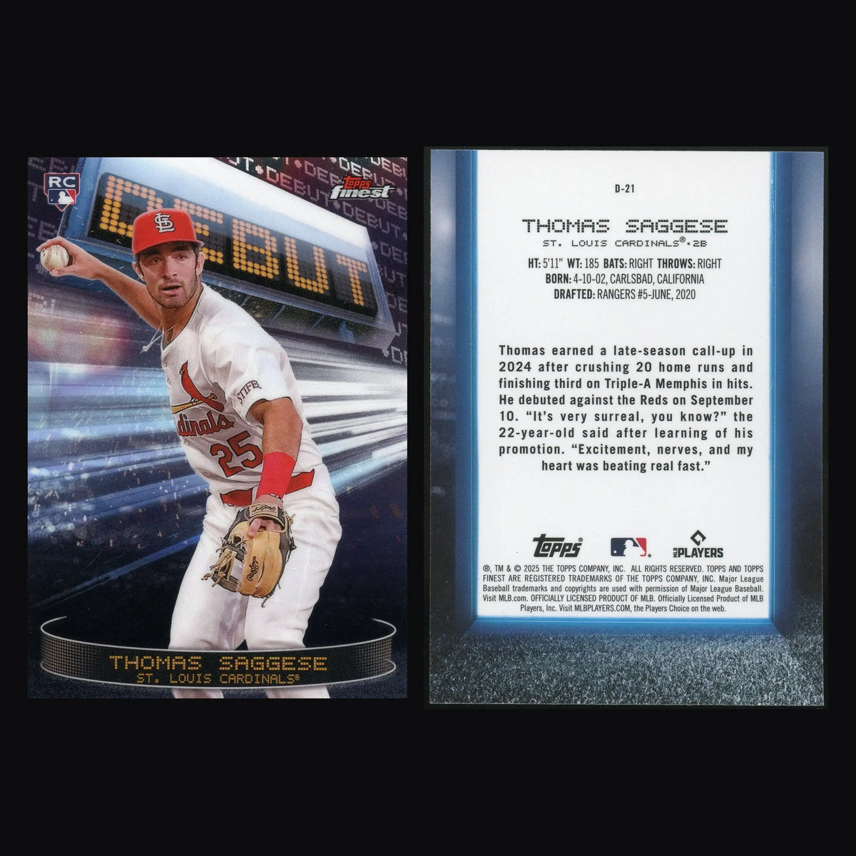 2025 Topps Finest Thomas Saggese #D-21 Finest Debut RC Cardinals - Baseball Card Single
