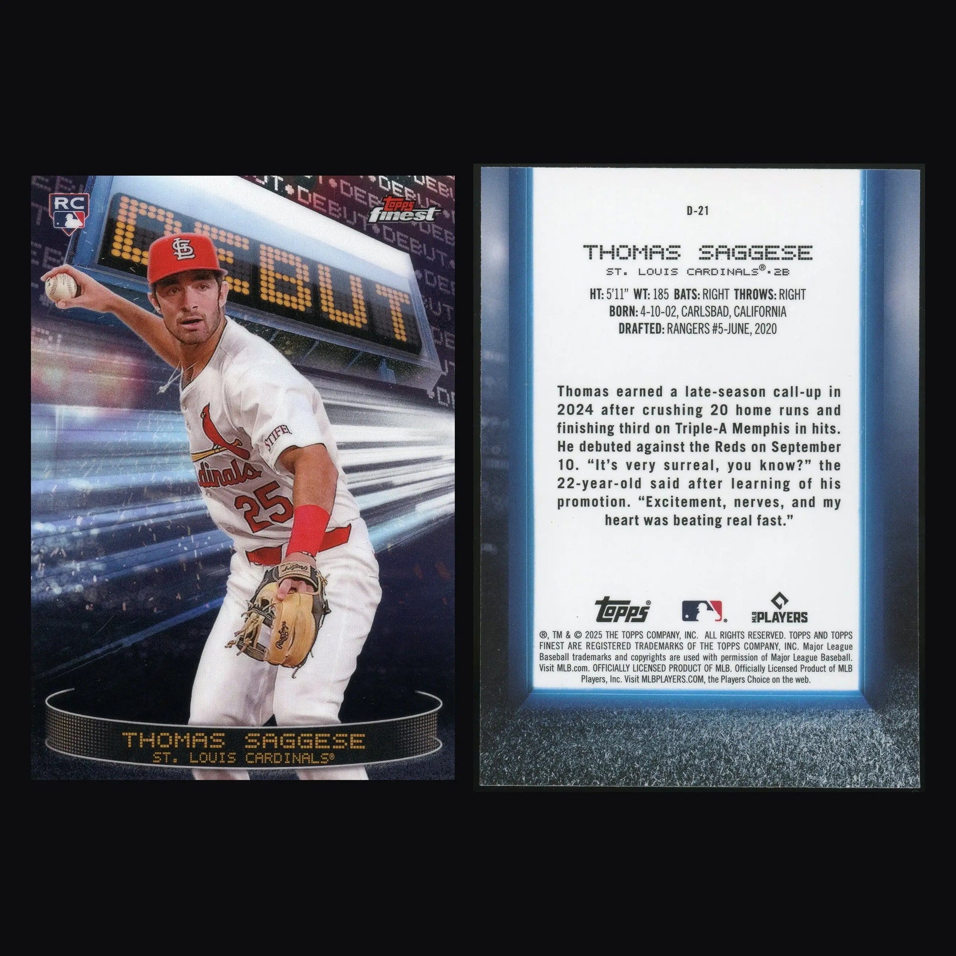 2025 Topps Finest Thomas Saggese #D-21 Finest Debut RC Cardinals - Baseball Card Single