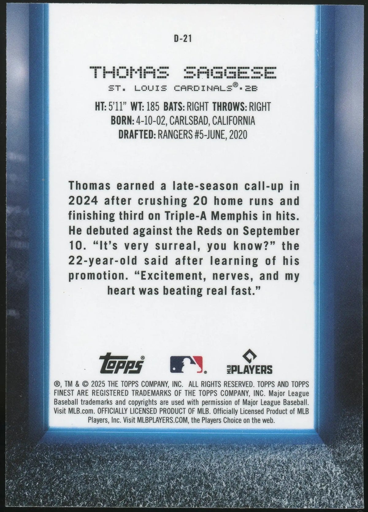2025 Topps Finest Thomas Saggese #D-21 Finest Debut RC Cardinals - Baseball Card Single