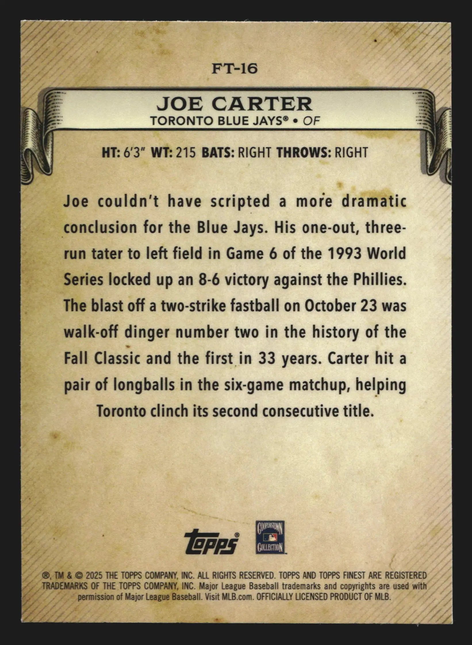 2025 Topps Finest Timelines #FT-16 Joe Carter Toronto Blue Jays