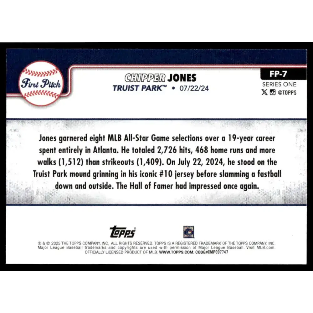 2025 Topps First Pitch #FP-7 Chipper Jones NM-MT Atlanta Braves Baseball Card - Baseball Card Single