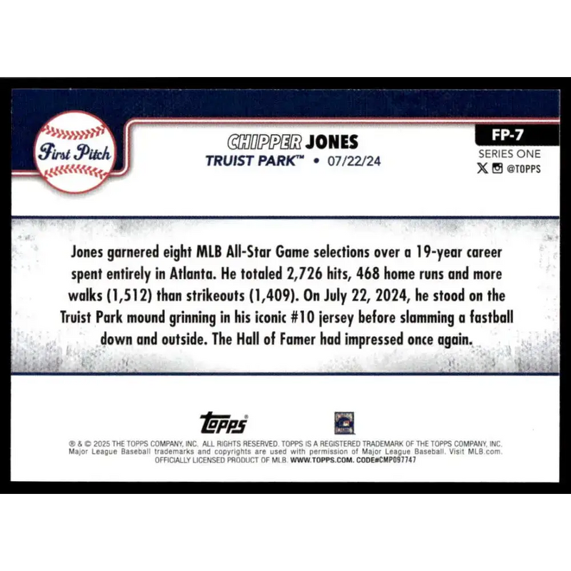 2025 Topps First Pitch #FP-7 Chipper Jones NM-MT Atlanta Braves Baseball Card - Baseball Card Single