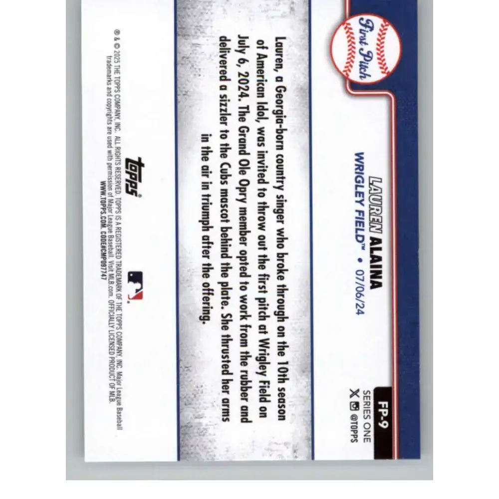 2025 Topps First Pitch #FP-9 Lauren Alaina NM-MT Chicago Cubs Baseball Card - Baseball Card Single