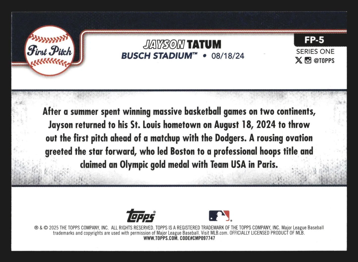 2025 Topps First Pitch Jayson Tatum #FP-5 Busch Stadium Cardinals - Baseball Card Single