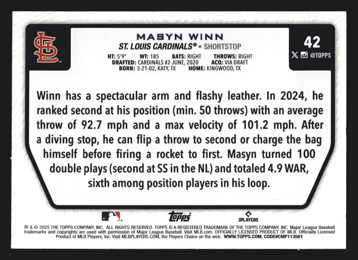 2025 Topps Flagship Collection Masyn Winn #42 St. Louis Cardinals - Baseball Card Single