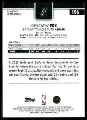 2025 Topps Flagship De’Aaron Fox #196 Basketball - Basketball Card Single