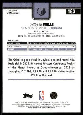 2025 Topps Flagship Jaylen Wells #183 Basketball - Basketball Card Single