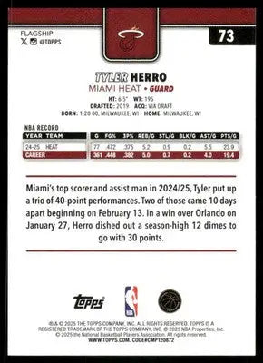 2025 Topps Flagship Tyler Herro #73 Basketball - Basketball Card Single