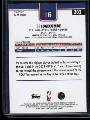2025 Topps Flagship VJ Edgecombe #203 RC Basketball - Basketball Card Single