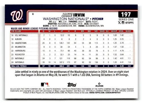 2025 Topps Topps Foil Pattern #197 Jake Irvin NM-MT Nationals ID:76857 - Baseball Card Single