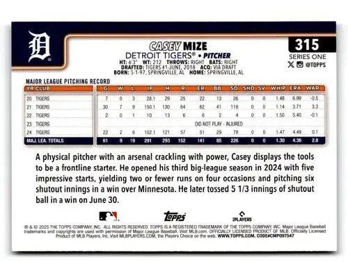 2025 Topps Topps Foil Pattern #315 Casey Mize NM-MT Tigers ID:76864 - Baseball Card Single