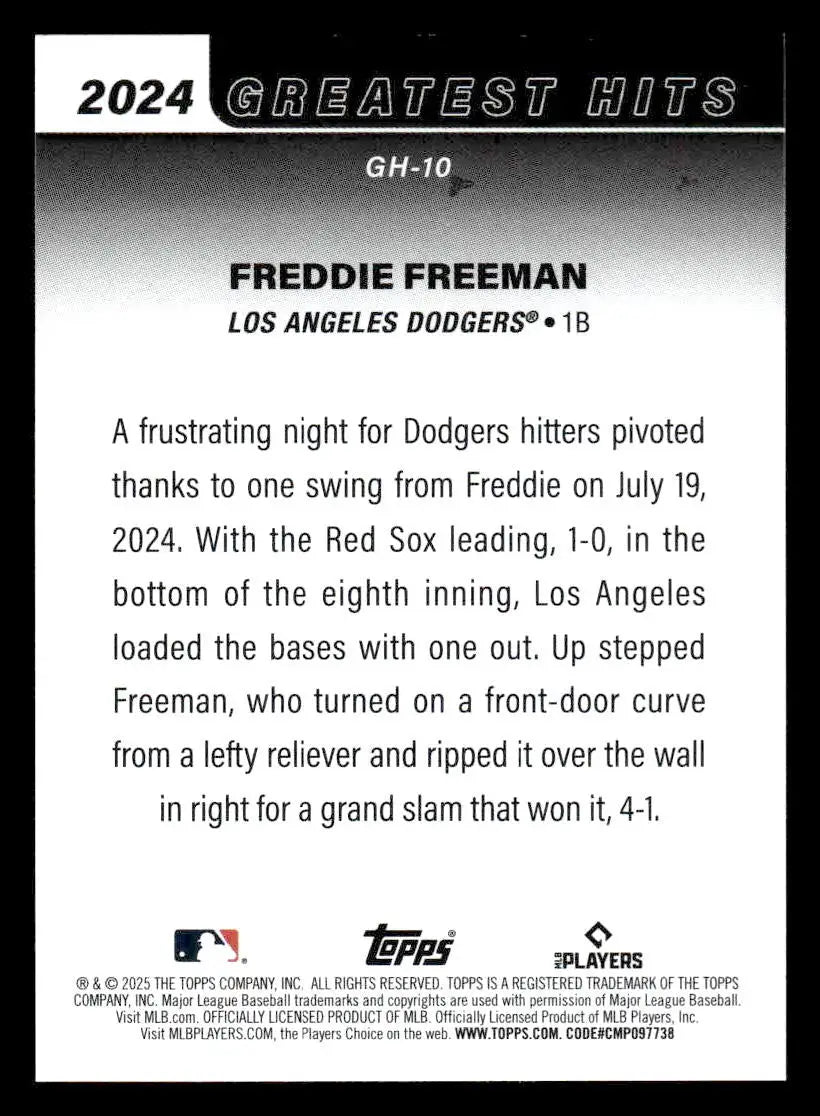 2025 Topps #GH-10 Freddie Freeman 2024’s Greatest Hits - Baseball Card Single