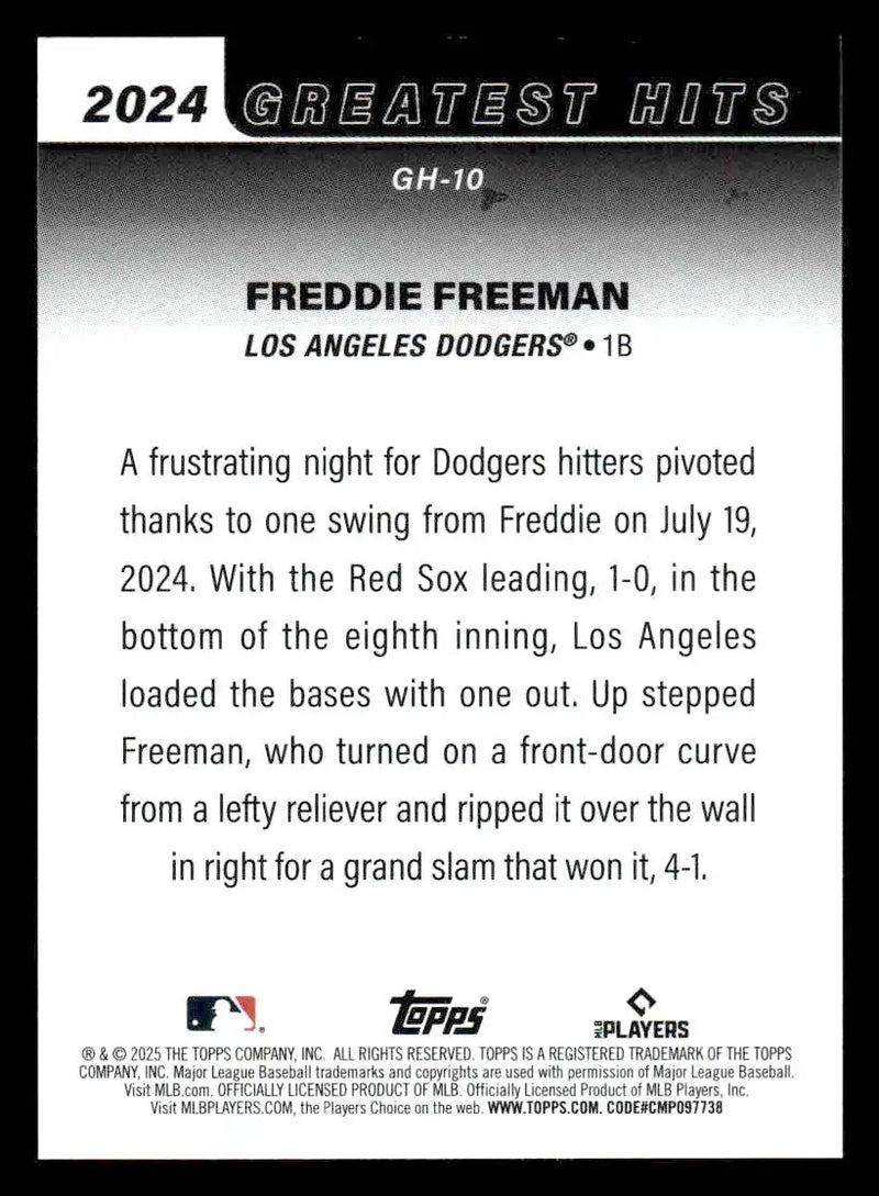 2025 Topps #GH-10 Freddie Freeman 2024’s Greatest Hits - Baseball Card Single