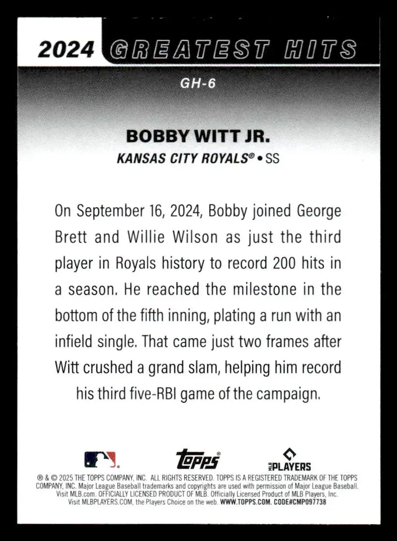 2025 Topps #GH-6 Bobby Witt Jr. 2024’s Greatest Hits - Baseball Card Single