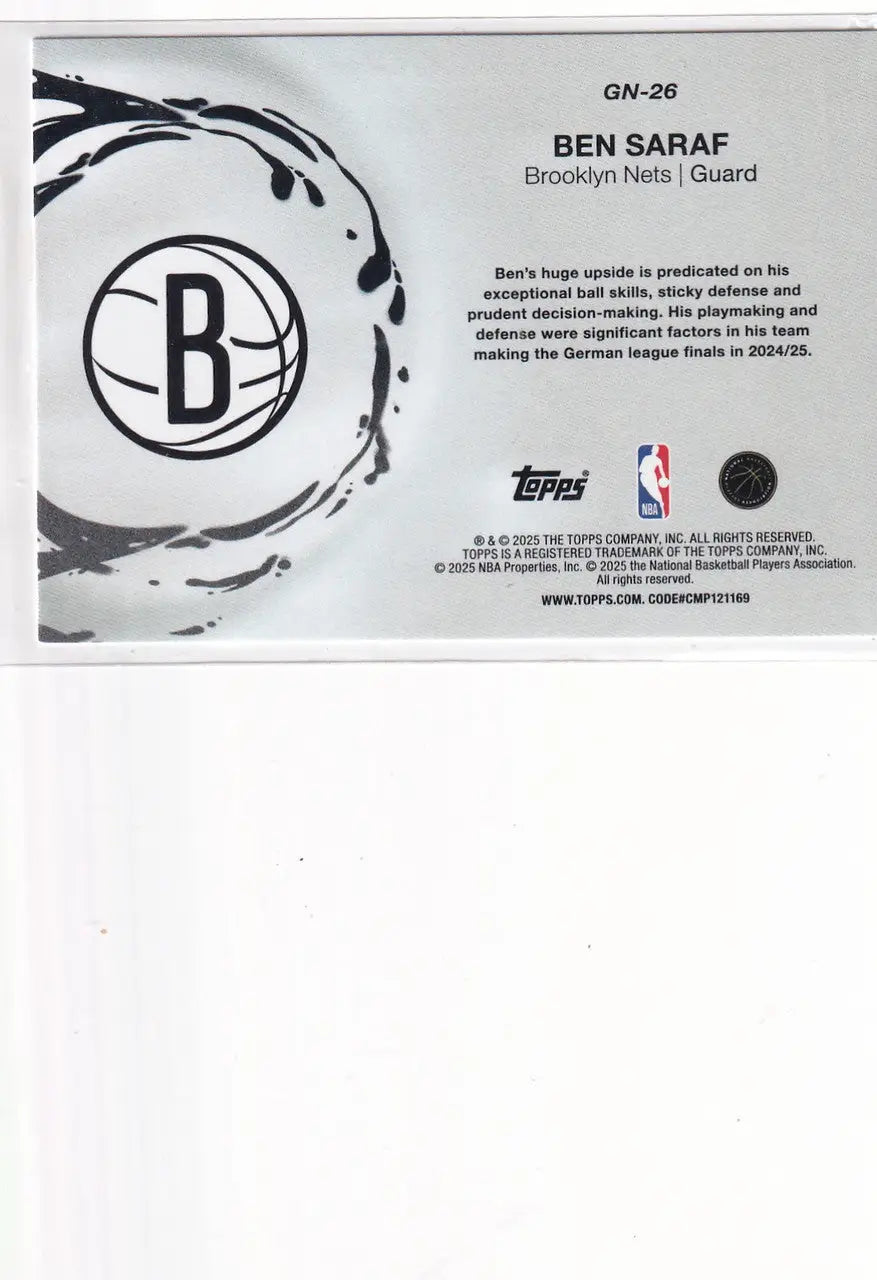 2025 TOPPS #GN-26 BEN SARAF GENERATION NOW- BROOKLYN NETS - Basketball Card Single