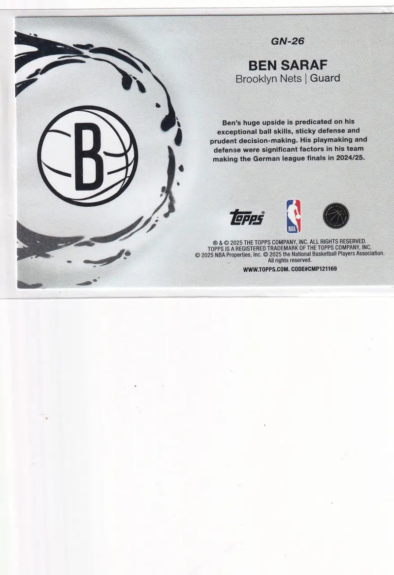 2025 TOPPS #GN-26 BEN SARAF GENERATION NOW- BROOKLYN NETS - Basketball Card Single