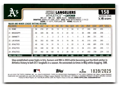 2025 Topps Gold #158 Shea Langeliers NM-MT 1839/2025 Athletics ID:76897 - Baseball Card Single