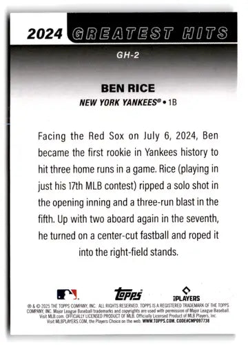 Original gloss Ben Rice baseball card from 2025 Topps Greatest Hits Yankees series