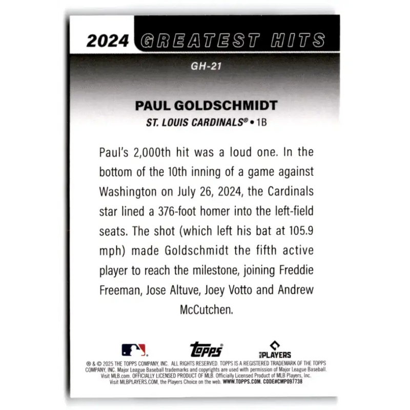 2025 Topps Greatest Hits #GH-21 Paul Goldschmidt NM-MT St. Louis Cardinals Baseball Card - Baseball Card Single
