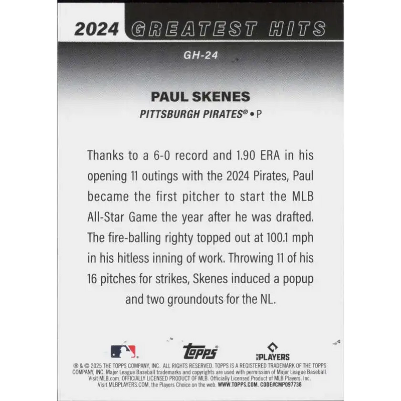 2025 Topps Greatest Hits #GH-24 Paul Skenes NM-MT Pittsburgh Pirates Baseball Card - Baseball Card Single