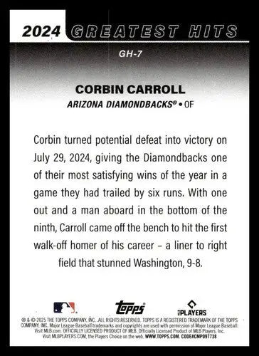 2025 Topps Greatest Hits #GH-7 Corbin Carroll NM-MT Diamondbacks ID:76871 - Baseball Card Single