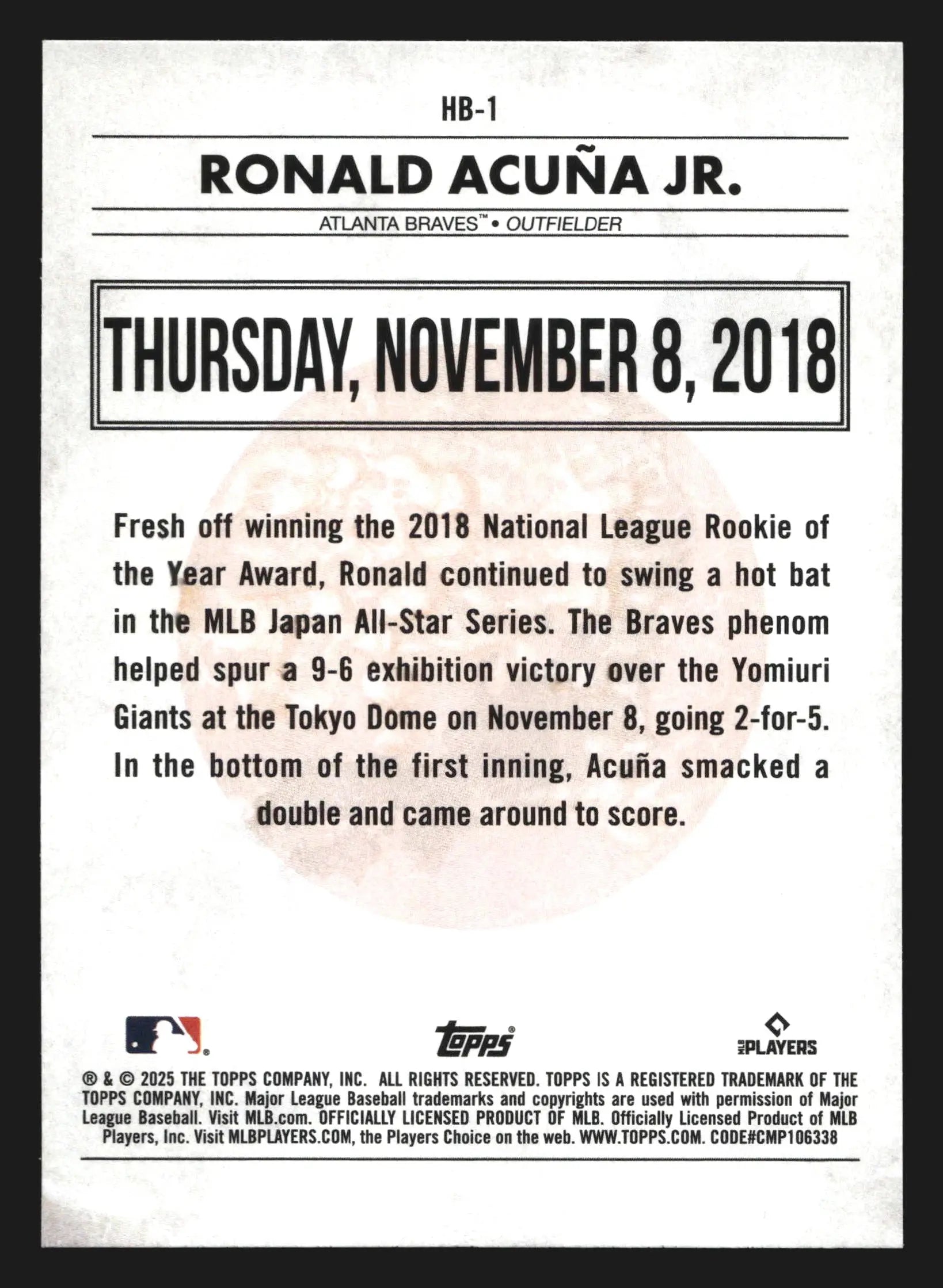 2025 Topps #HB-1 Ronald Acuna Jr Braves History of Japanese Baseball Tokyo