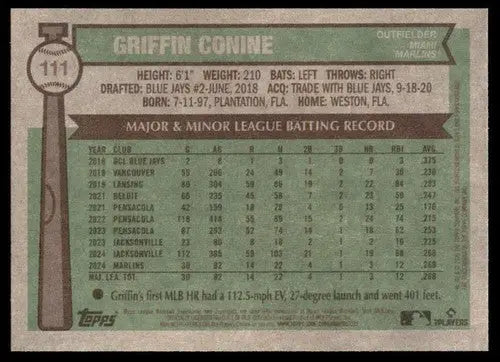 2025 Topps Heritage Griffin Conine baseball card back with original gloss NM-MT RC