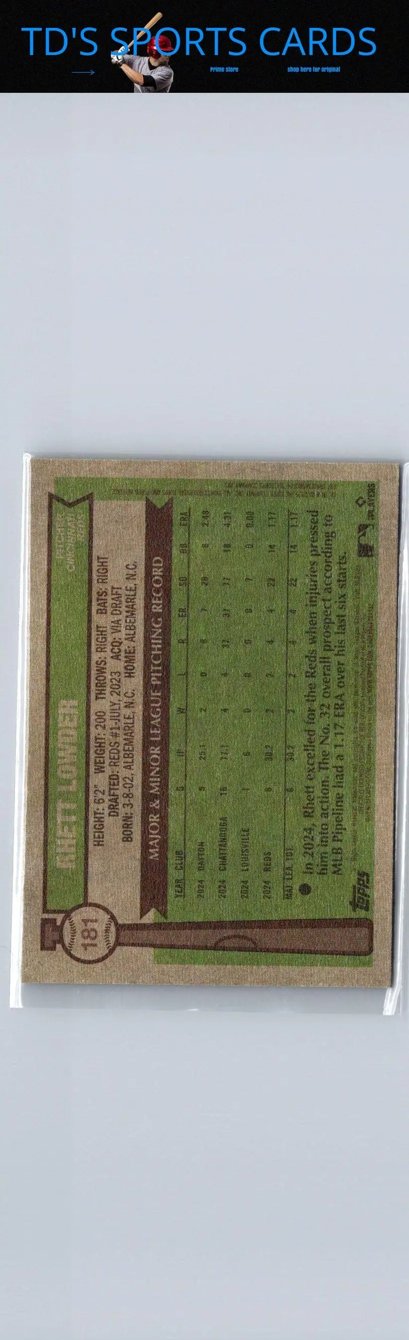 Baseball card of Rhett Lowder in protective sleeve for 2025 Topps Heritage series