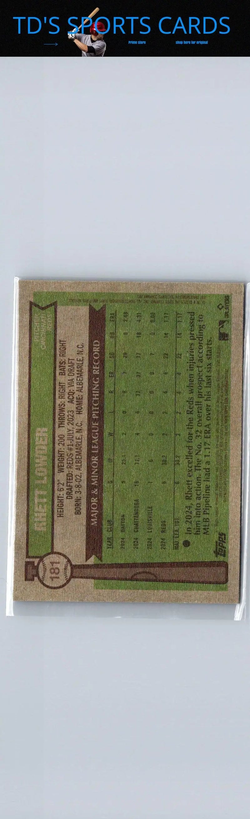 Baseball card of Rhett Lowder in protective sleeve for 2025 Topps Heritage series