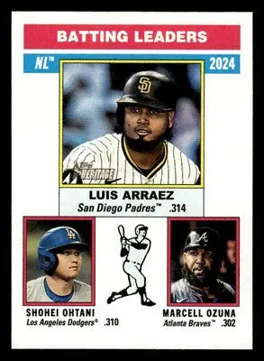 2025 Topps Heritage baseball card featuring Luis Arraez, Marcell Ozuna, and Shohei Ohtani