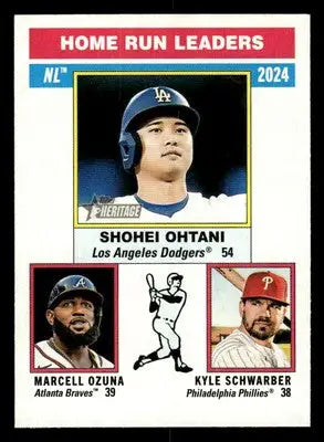 Baseball trading card featuring Kyle Schwarber, Marcell Ozuna, and Shohei Ohtani from Topps Heritage 2025