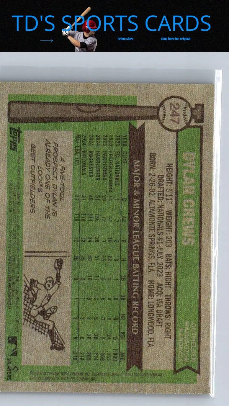 Baseball card back of 2025 Topps Heritage Dylan Crews Dark Green featuring player stats