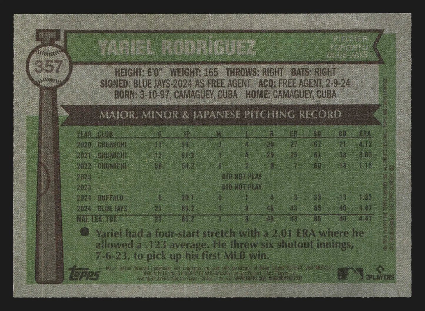 2025 Topps Heritage #357 Yariel Rodriguez Toronto Blue Jays